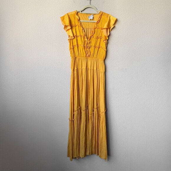 La Ligne Pintucked Ruffled Satin Midi Dress in Marigold Size S - Picture 2 of 6